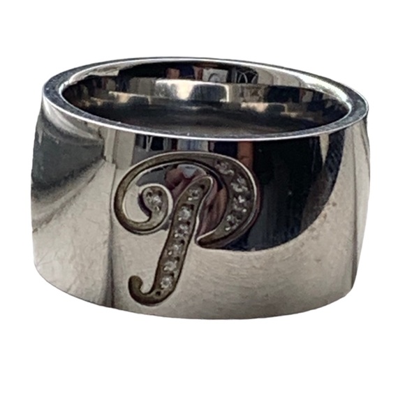 GM China Initial Script Letter P Mens Stainless Steel Ring Paved Clear Crystals - Picture 3 of 8